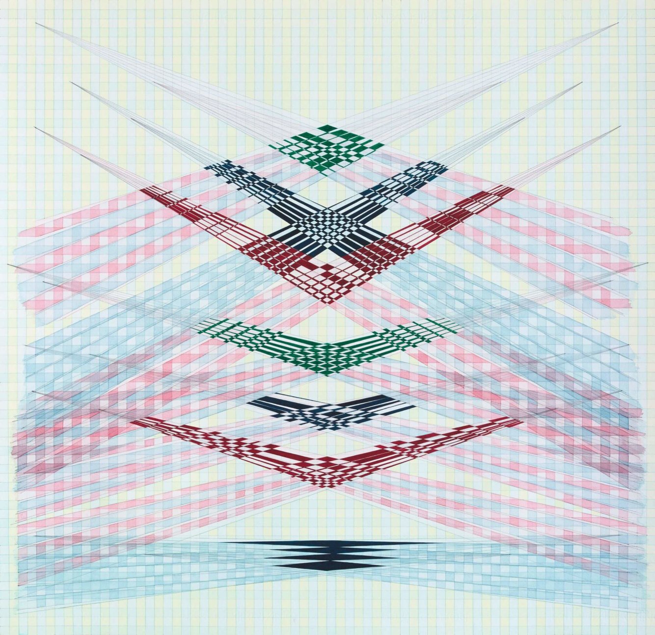 A single watercolour work of geometric forms. A pale blue-green pixel grid with dark forms sitting on top.